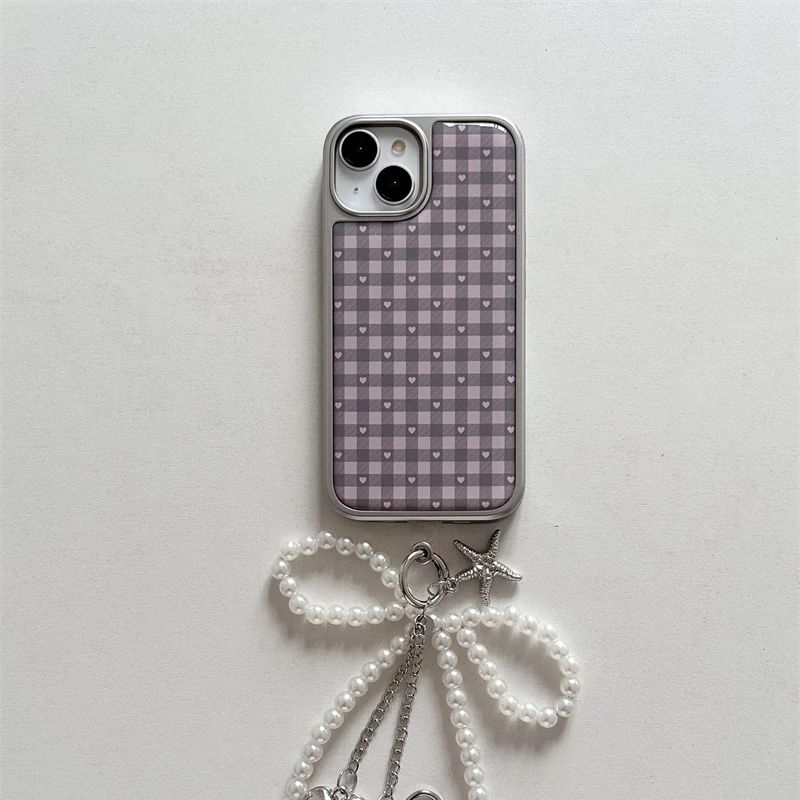 Phone Cases Girls - Roze Paars Hartvormige Geruite Koreaanse ins